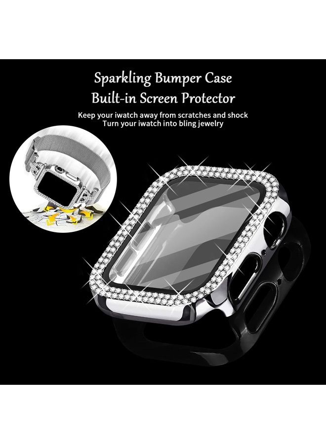 Magnetic Band Compatible with Apple Watch Band 38mm 40mm 41mm 42mm 44mm 45mm Milanese Strap with Bling Case and Screen Protector, Dressy Stainless Steel iWatch Loop for Women (Silver 42mm)