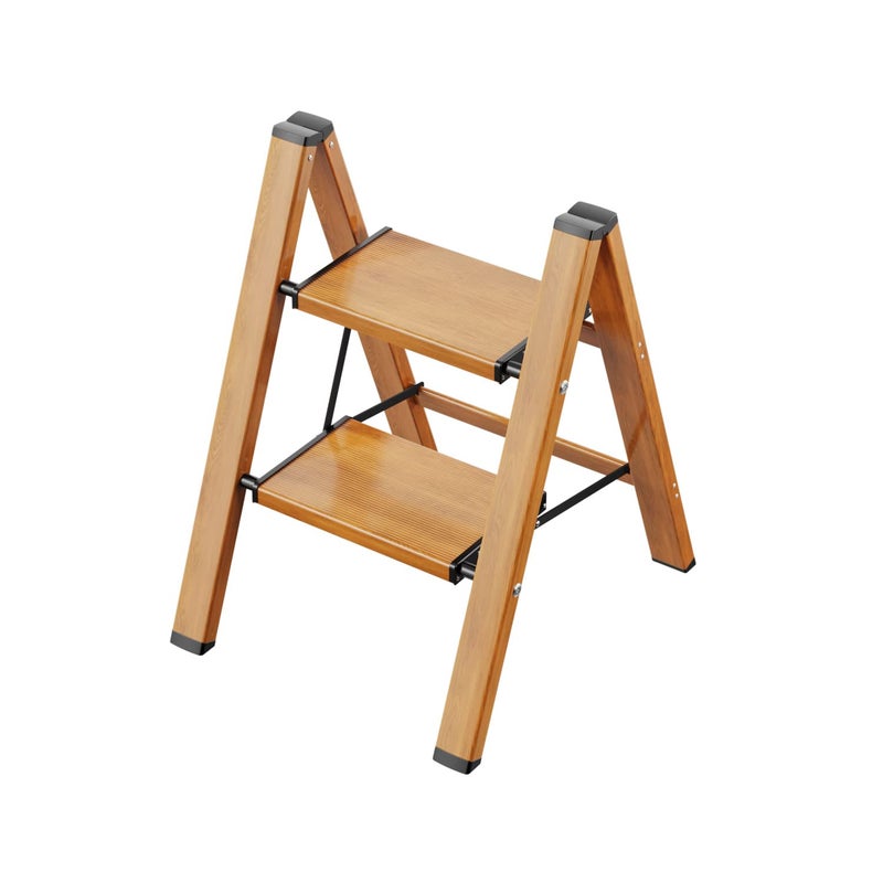 GameGem 2 Step Ladder Aluminum Folding Step Stool with AntiSlip Sturdy and Wide Pedal Lightweight Portable MultiUse Stepladder for Home and Kitchen Use Space Saving Woodgrain 330 lbs