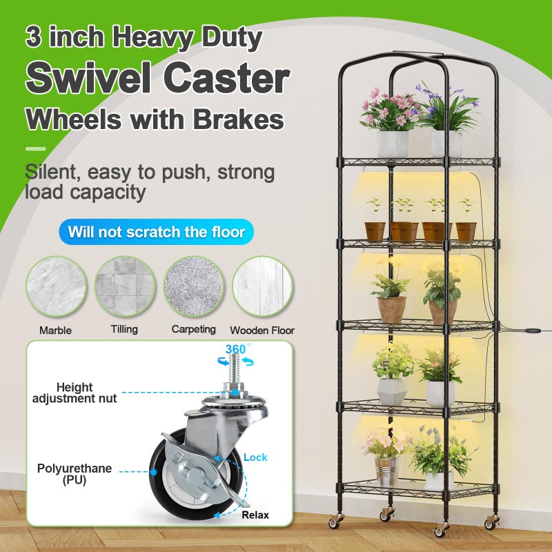 Abimars 5-Tier Mini Greenhouse with Caster Wheels, Each Shelf Height Adjustable Metal Plant Shelf with PVC Cover for Seed Starting Trays, Seedling Pots, Plant Pots, 11x16x57inch - Image 5