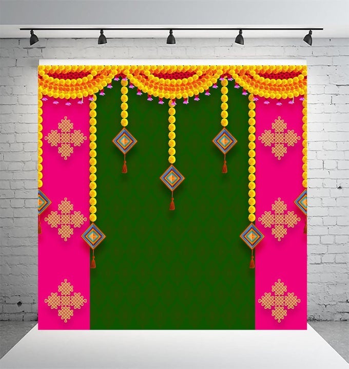 POOJA PINK AND GREEN 8FT 8FT BACKDROP WEDDING DECORATION CURTAIN CLOTH POOJA DECORATION FOR FESTIVALS AND CELEBRATIONS WASHABLE FABRIC