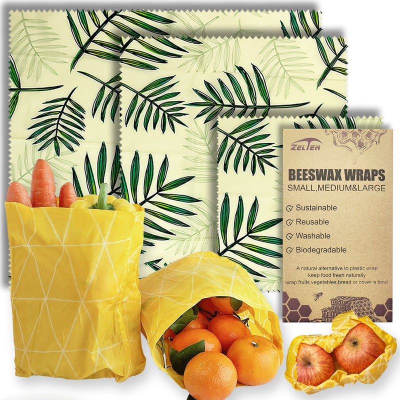 Zelten Beeswax Reusable Food Wraps - (3 Packs, 3 Sizes S,M,L) Plastic and Silicone Free, Eco-friendly Wrap, Wax Paper for Food,Bamboo Palm - Image 1