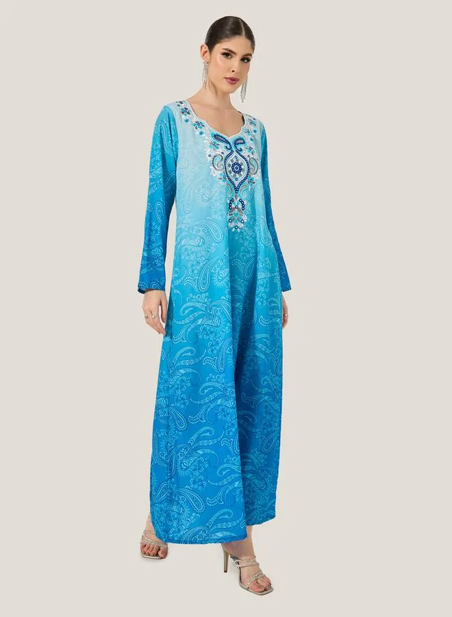 Styli Ombre Print Embroidered A-Line Jalabyia