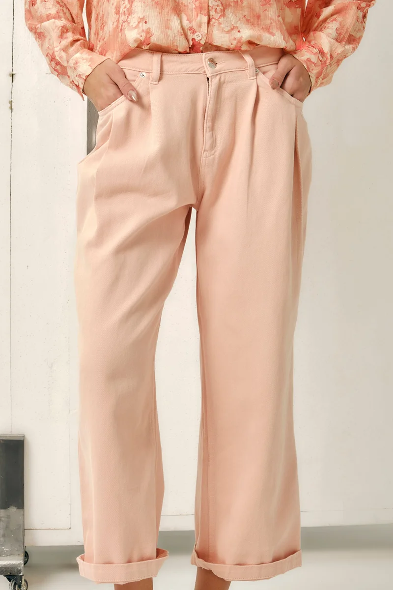 فيرجيو Solid Cotton Pink Pleated Flared Pant for Women