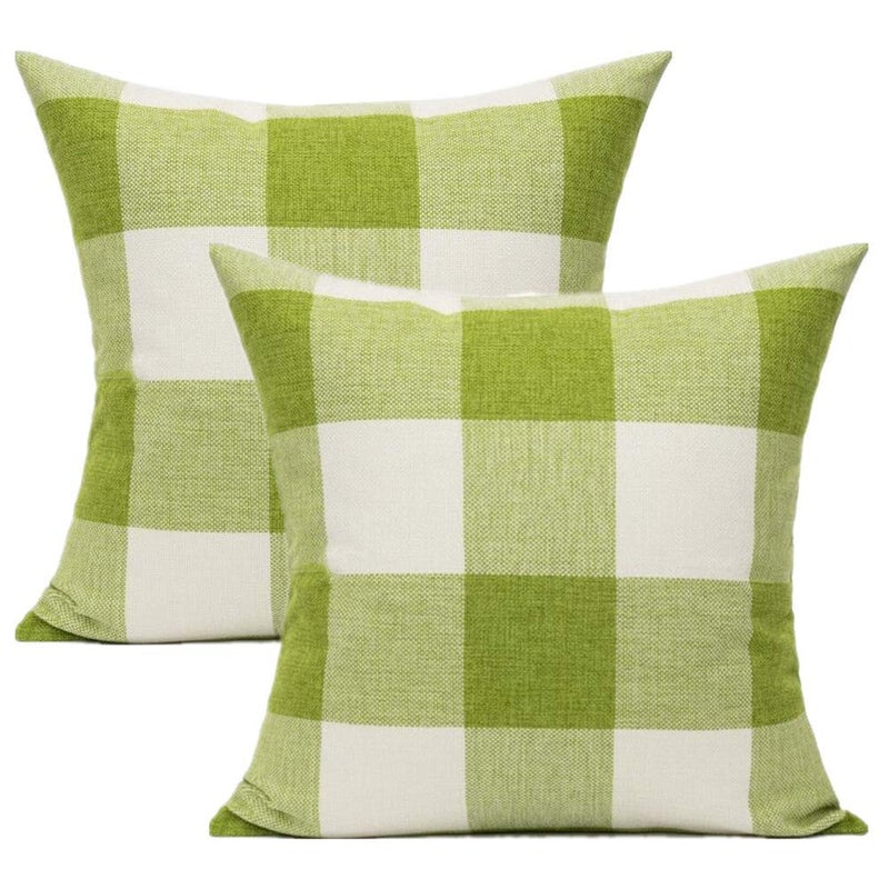 Outdoor Green Throw Pillow Covers 18x18 Set of 2 Buffalo Plaids Check Spring Front Porch Decorative Gingham Cushion Cases Home Decor Farmhouse Rustic for Patio Furniture Couch Bed SofaSage Grass