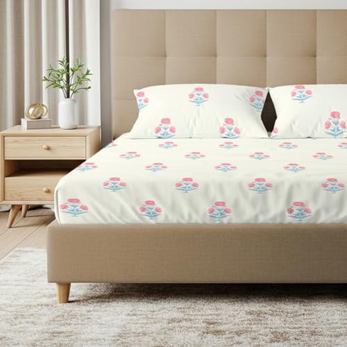 Urban Space Serene 200 TC 100% Cotton Bedsheet for Double Bed, Bedsheet Queen Size Cotton, Double Bedsheet Cotton with 2 Pillow Covers (Sunflower - Pomegranate Pink, Size 88 x 100 inches) - Image 1