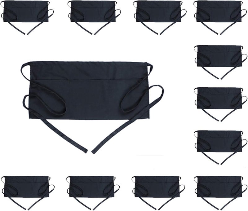 BOHARERS Waist Apron with 3 Pockets - Black Waitress Waiter Server Short Aprons - Image 1