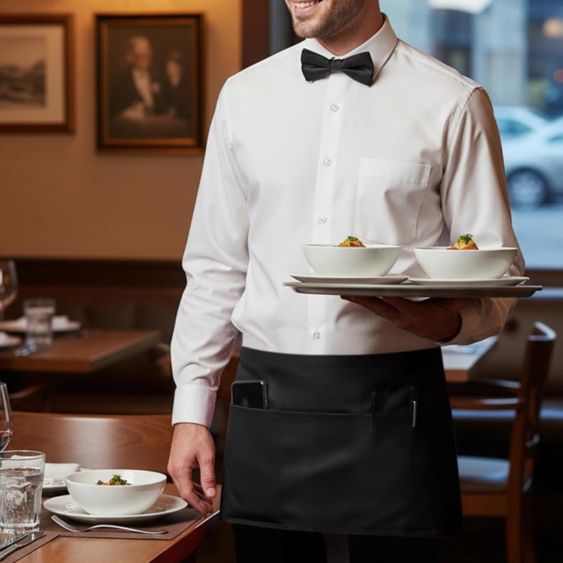 BOHARERS Waist Apron with 3 Pockets - Black Waitress Waiter Server Short Aprons - Image 2