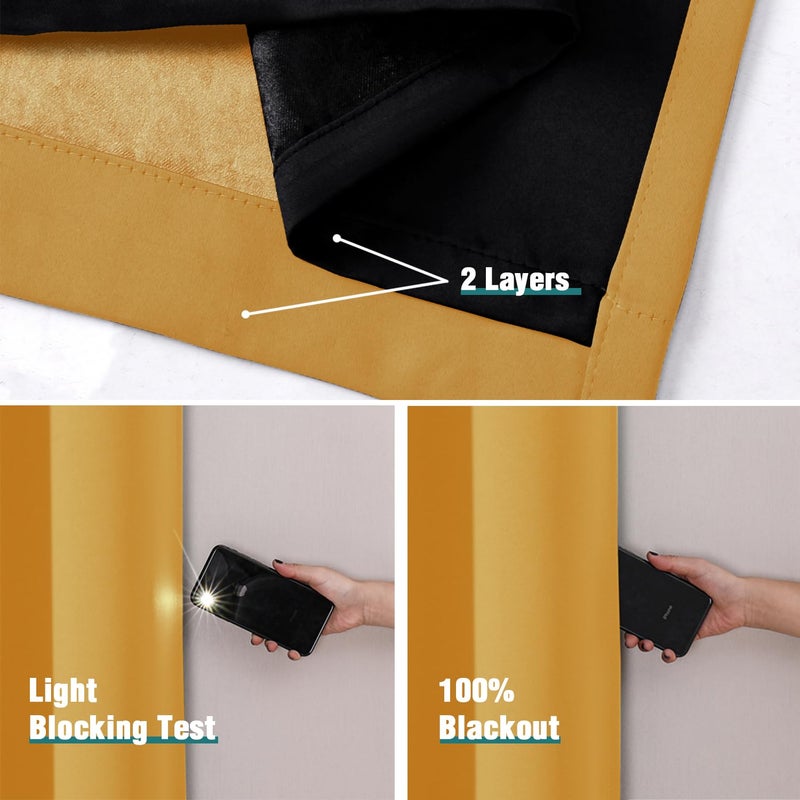 ChrisDowa 100% Blackout Curtains for Bedroom with Black Liner  2 Thick Layers Total Blackout Thermal Insulated Grommet Small Window Curtains 2 Panels Set (Mustard Yellow  42 x 54 Inch) - Image 4