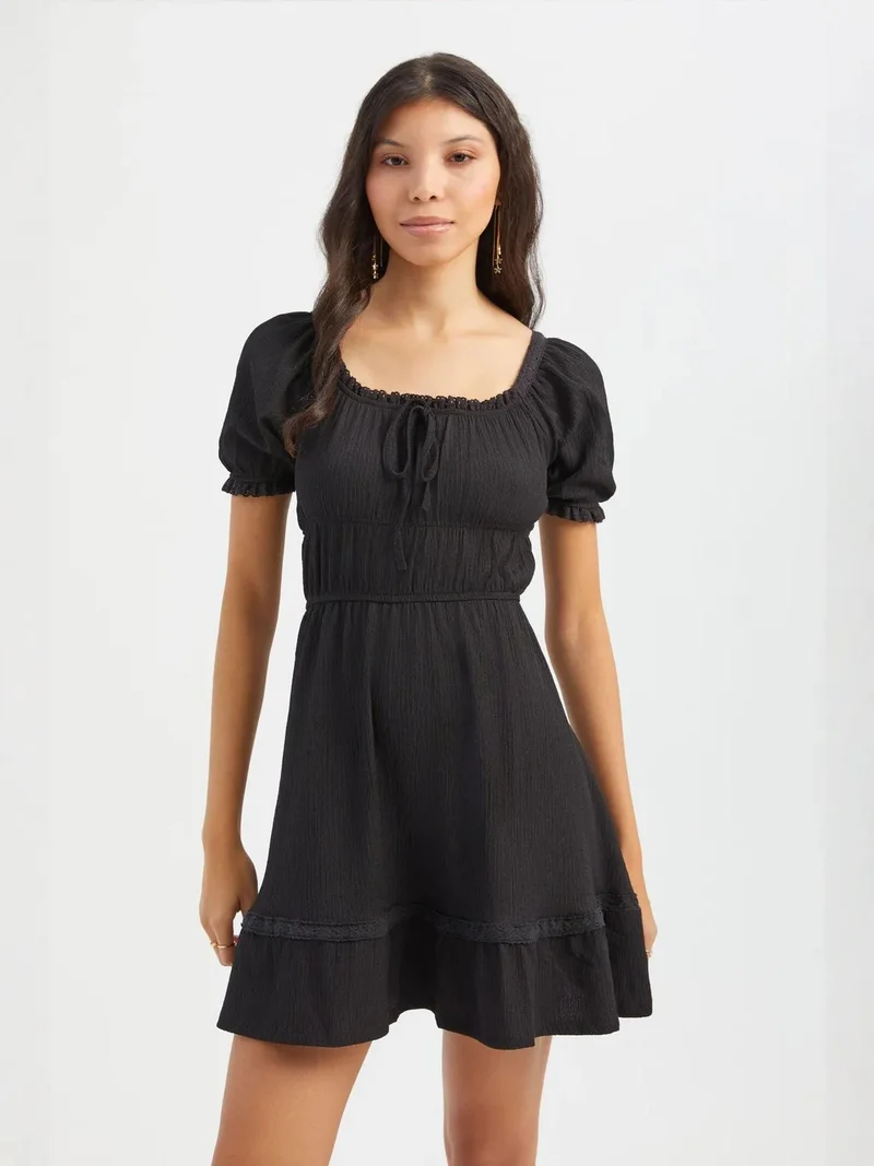 HICCUP Square Neck Tie Front Short Sleeve Mini A-line Dress