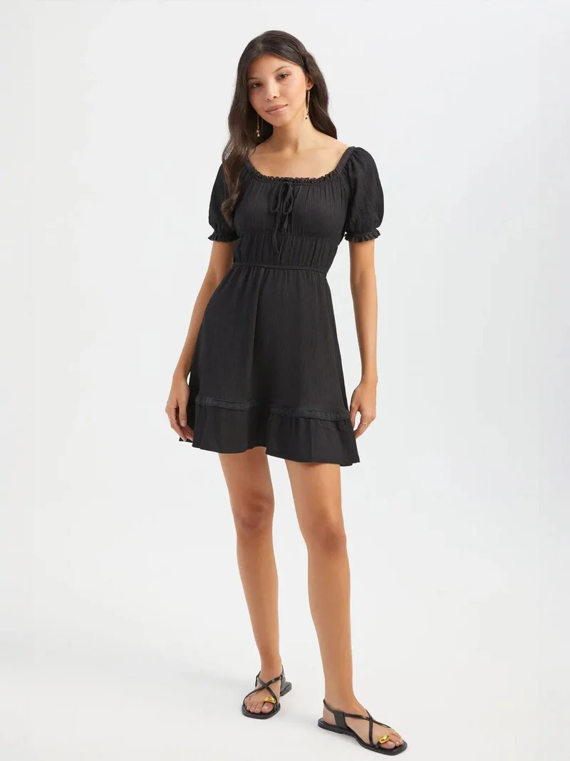 HICCUP Square Neck Tie Front Short Sleeve Mini A-line Dress