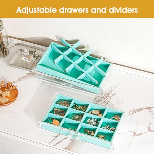 ProCase Earring Holder Organizer Jewelry Box with 3 Drawers Acrylic Clear Earring Case with Adjustable Velvet Trays for Women Aqua 3 Layers - Image 3