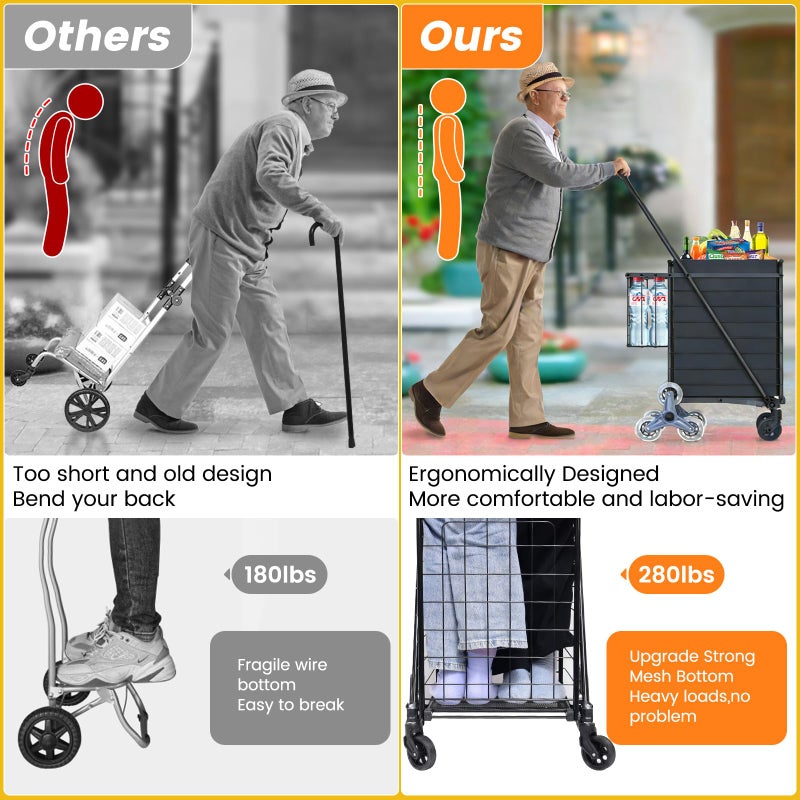 RXUJYC [Upgrade] Shopping Cart for Groceries, 280 LBS Large Grocery Cart with Waterproof Liner, 360Â° Rolling Swivel Wheels, Heavy Duty Utility Cart Folding Shopping Carts for Laundry Luggage Gift - Image 3