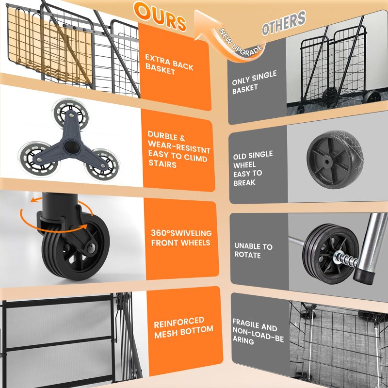 RXUJYC [Upgrade] Shopping Cart for Groceries, 280 LBS Large Grocery Cart with Waterproof Liner, 360Â° Rolling Swivel Wheels, Heavy Duty Utility Cart Folding Shopping Carts for Laundry Luggage Gift - Image 2