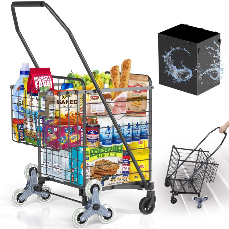 RXUJYC [Upgrade] Shopping Cart for Groceries, 280 LBS Large Grocery Cart with Waterproof Liner, 360Â° Rolling Swivel Wheels, Heavy Duty Utility Cart Folding Shopping Carts for Laundry Luggage Gift - Image 1