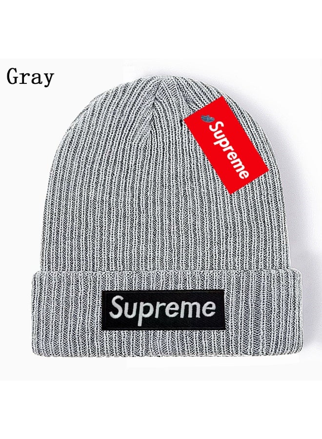 SUPREME Heathered Gray Ribbed Knit Beanie with Dual Supreme Logos – Timeless Streetwear Headwear 606Size