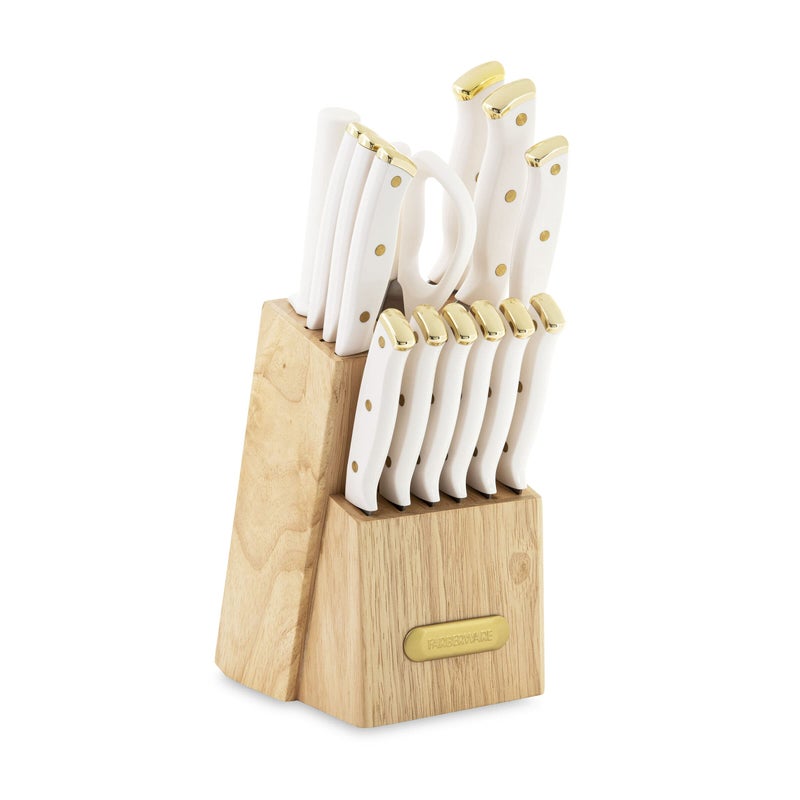Farberware 15Piece Triple Riveted Knife Block Set High CarbonStainless Steel Kitchen Knives RazorSharp Knife Set with Wood Block White and Gold