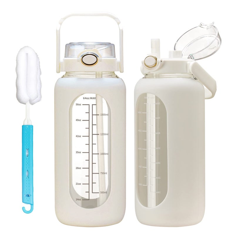 chunmo 64oz Glass Water Bolttles with Straw Half Gallon Large Motivational Water Bottle with Time Marker Sports Water Bottles with Silicone Sleeve and Handle Lid Water Jug for Gym Workout - Image 1