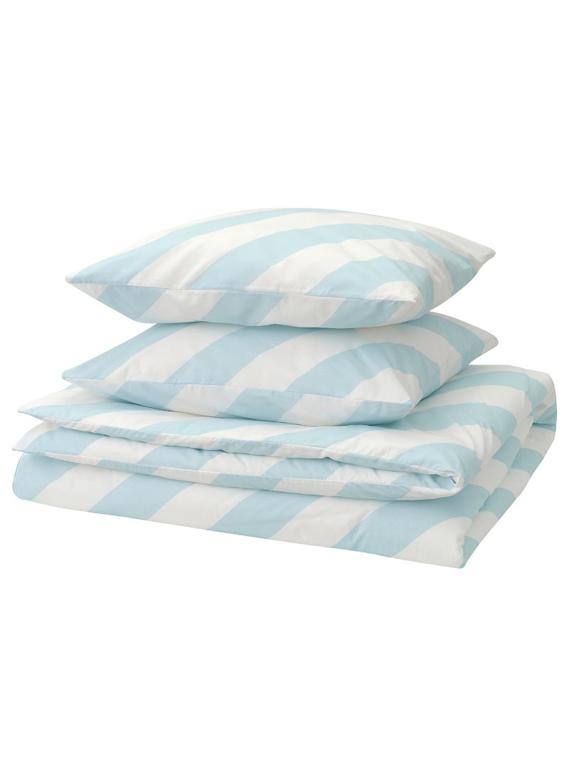 IKEA FRAKTA Duvet cover and 2 pillowcases - light blue/white/stripe - 240x220/50x80 cm - Image 1