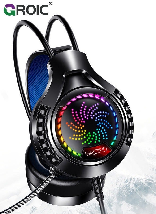 GROIC - Black Wired Gaming Headset Headphones Portable Rotating Microphone 20-20KHz Net Bar Listening Music Game Head-mounted Earphone with Sound Card - Image 1