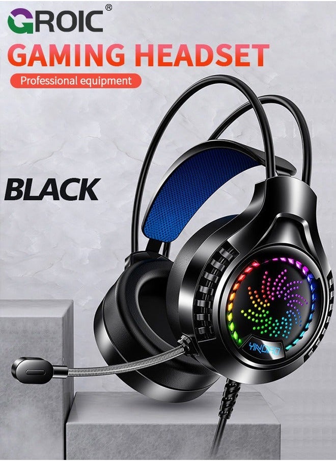 GROIC - Black Wired Gaming Headset Headphones Portable Rotating Microphone 20-20KHz Net Bar Listening Music Game Head-mounted Earphone with Sound Card - Image 1