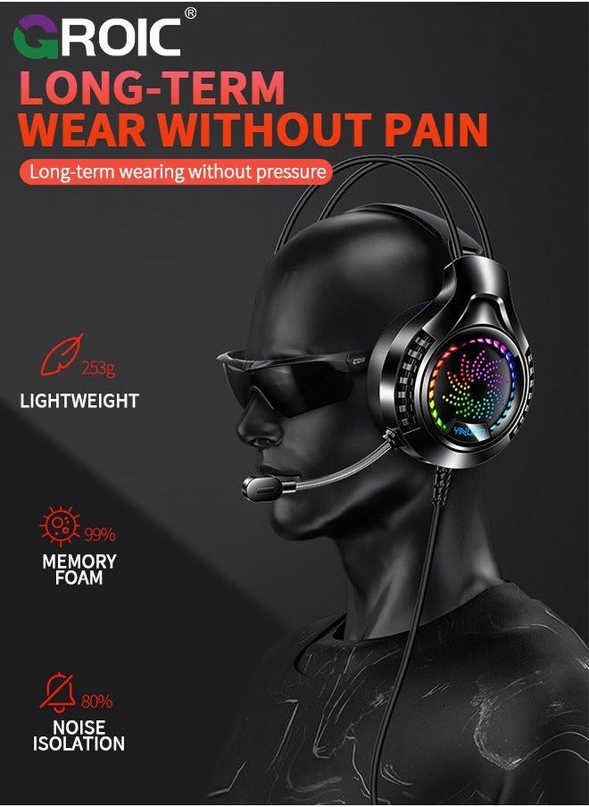 GROIC - Black Wired Gaming Headset Headphones Portable Rotating Microphone 20-20KHz Net Bar Listening Music Game Head-mounted Earphone with Sound Card - Image 1