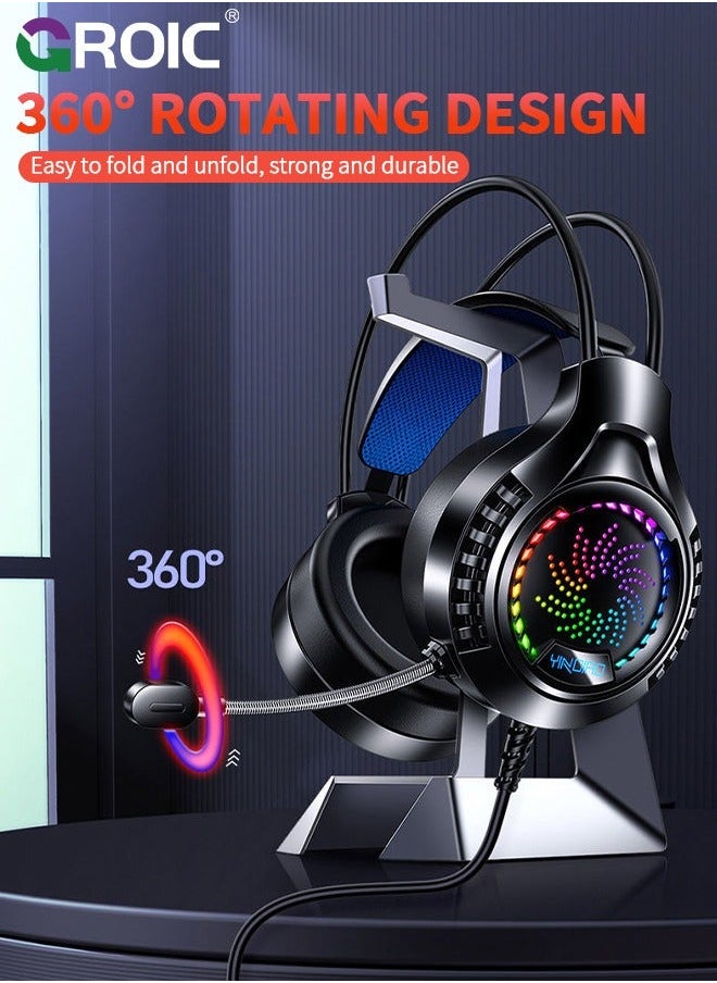 GROIC - Black Wired Gaming Headset Headphones Portable Rotating Microphone 20-20KHz Net Bar Listening Music Game Head-mounted Earphone with Sound Card - Image 1