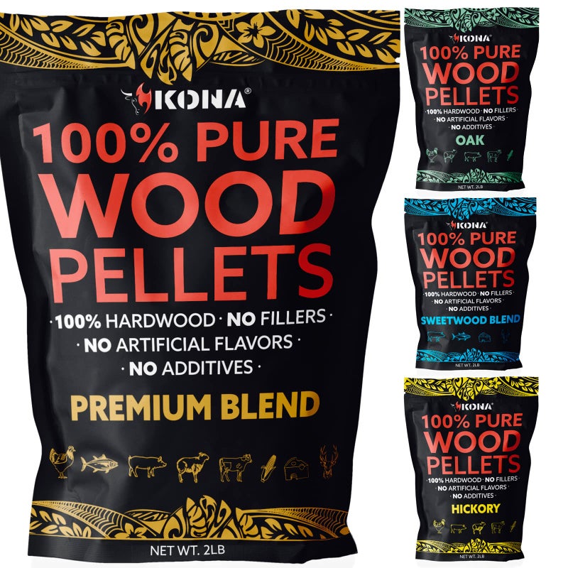 kona Kona Best Wood Smoking Pellets  Grilling Smoker Tube Pellets Variety Pack  100 Hickory Kona Premium Blend 100 Oak Kona Signature Sweetwood Blend  2 Pound Bags 