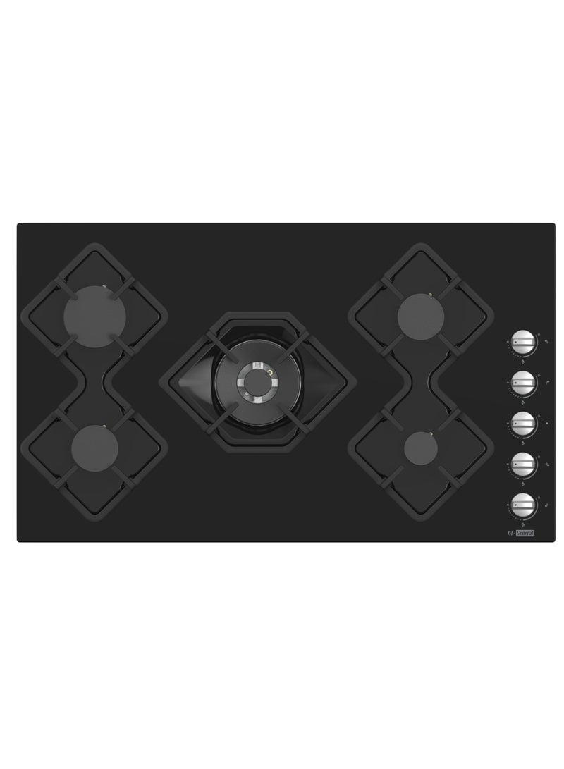 GL General General GL Built In Black Steel 5 Burner Cooker, 87x52cm, Total Safety, Auto ignition,  Cast iron pan support, Easy to Clean High Quality Material, Side Keys  - Image 1