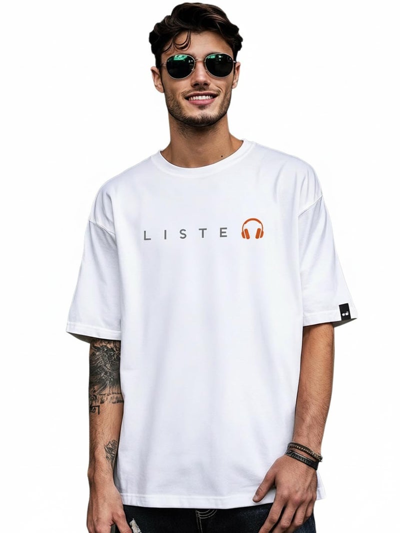 Bewakoof Men's Typography 100% Cotton T-Shirt - Oversized Fit, Round Neck, Half Sleeves White - Image 1