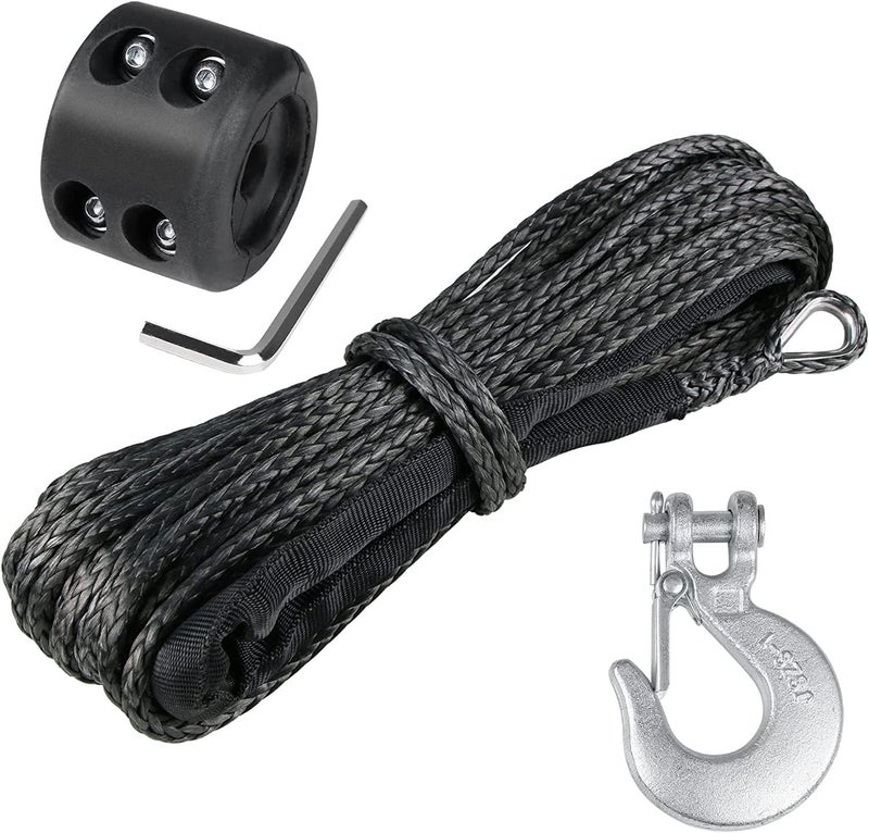 WROUGH 1/4" Synthetic Winch Rope Kit, 1/4 in x 50 Ft 10,000LBs Strength ATV Winch Rope Line with Steel Hook, Rubber Stopper, Protecting Sleeve and Thimble, Suitable for ATV, SUV, Vehicle (Black) - Image 1
