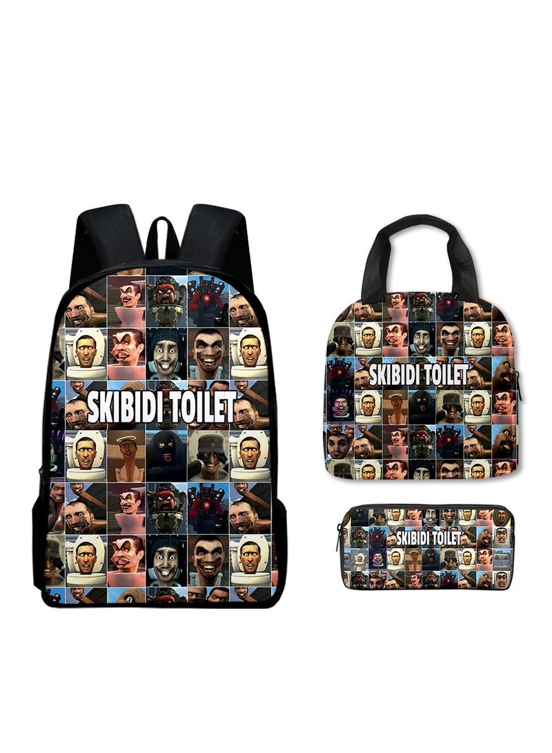 3 Piece Skibidi Toilet 3D Print Insulated Lunch Backpack Set Multicolour