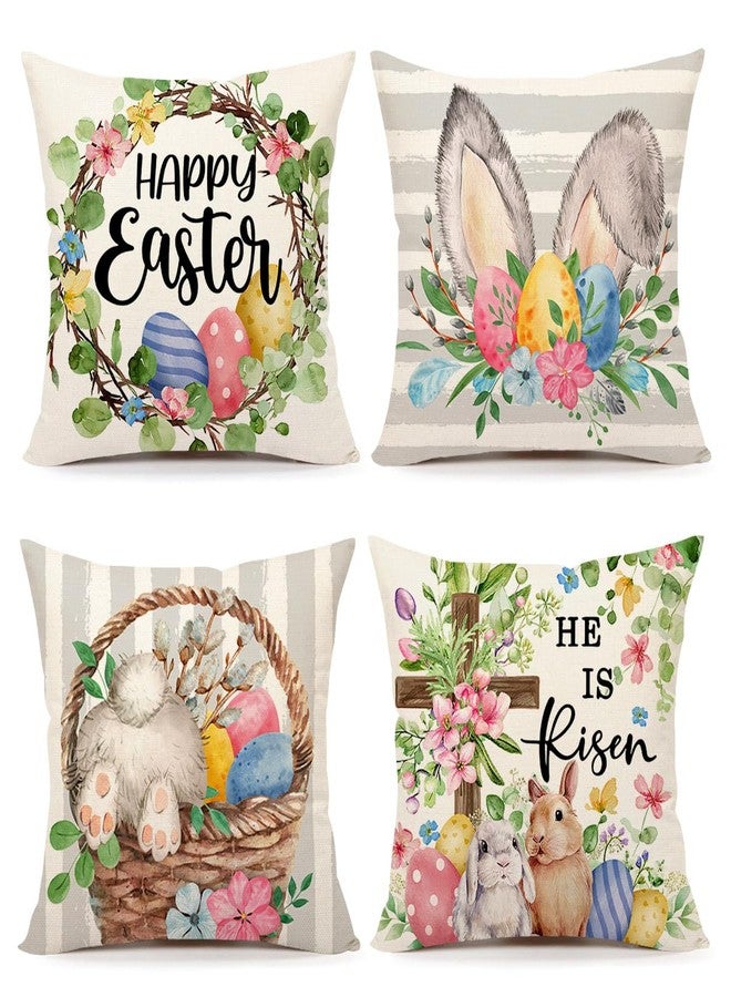 4TH Emotion Gray Easter Pillow Covers 18x18 Set of 4, He is Risen Bunny Floral Eggs Farmhouse Decorations Spring Holiday Decor Throw Cushion Case for Home Couch TH211 - Image 1