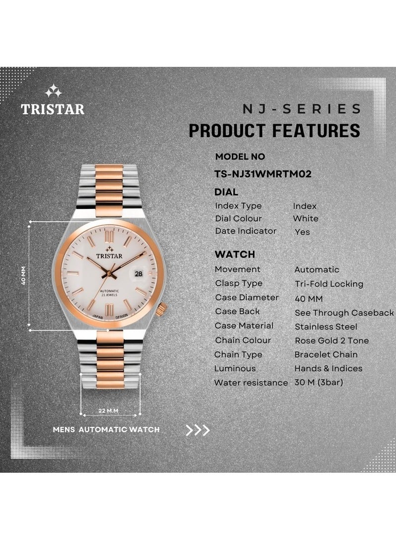 Tristar ساعة أوتوماتيكية للرجال من سلسلة NJ بقرص أبيض ومؤشر، ساعة معصم بتصميم وردي مزدوج للرجال - Image 5