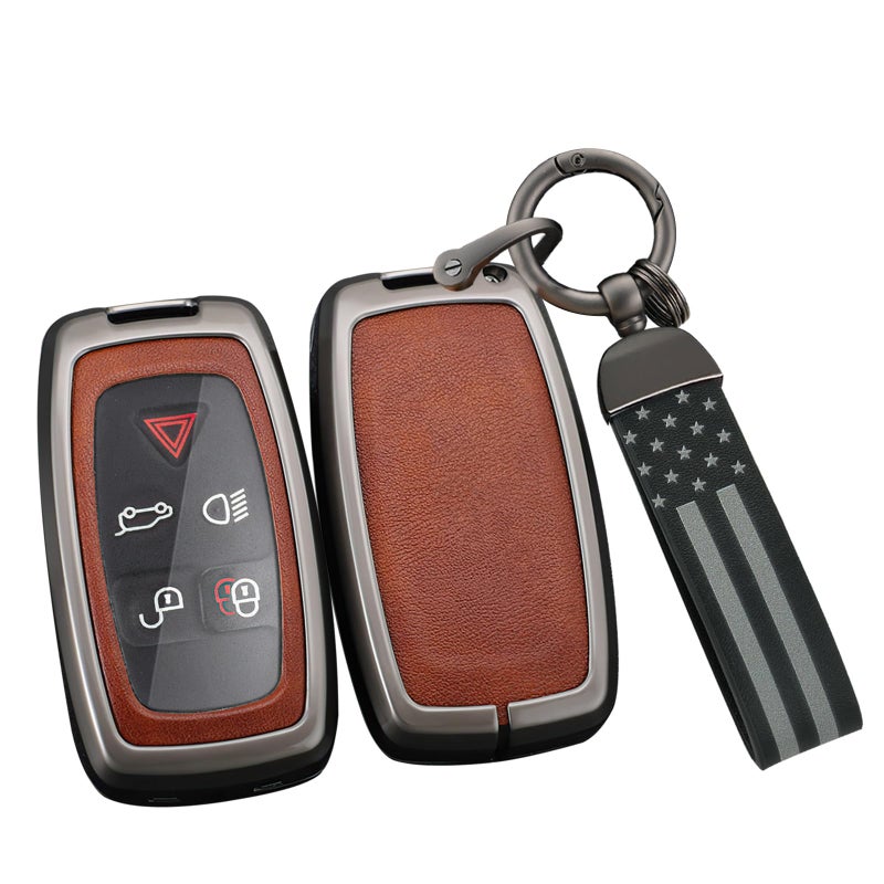 ontto Smart Remote Key Fob Case Fit for Land Rover Discovery 4 LR4 2010-2015 Metal and Leather Car Key Holder Fit for Range Rover Sport Evoque 2010-2017 Car Accessories Brown - Image 1