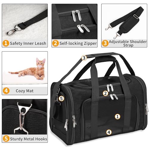 LEHNI Soft-Sided Cat/Dog/Pet Carrier, Collapsible Pets Travel Carriers for Big Cats/Small Dogs with Shoulder Strap & Removable Mat, Mesh Puppy Carry Bag, Up to 25 Lbs(Black) - Image 4
