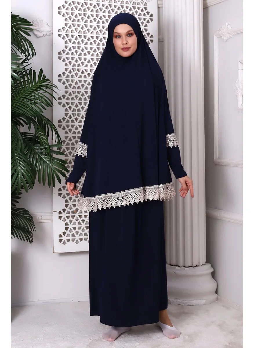 İhvan Online Ihvan Online Two Piece Practical Top and Bottom Prayer Dress with Scallop Trim 8018 Navy Blue