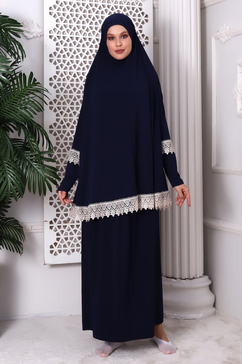 İhvan Online Ihvan Online Two Piece Practical Top and Bottom Prayer Dress with Scallop Trim 8018 Navy Blue - Image 1
