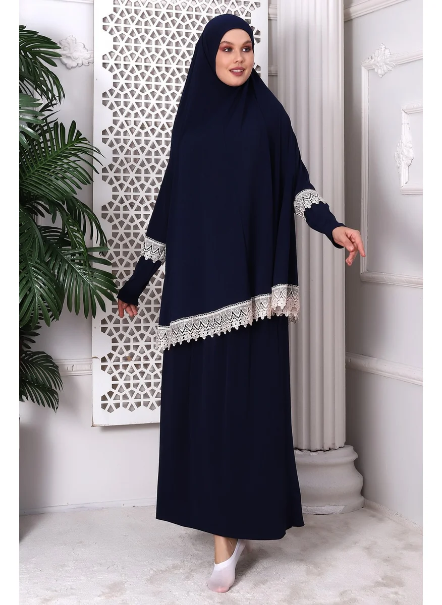 İhvan Online Ihvan Online Two Piece Practical Top and Bottom Prayer Dress with Scallop Trim 8018 Navy Blue