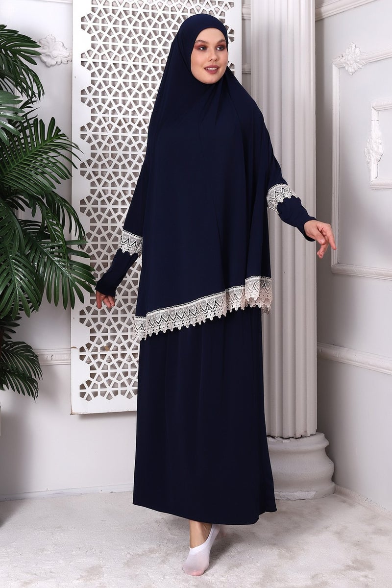 İhvan Online Ihvan Online Two Piece Practical Top and Bottom Prayer Dress with Scallop Trim 8018 Navy Blue - Image 2