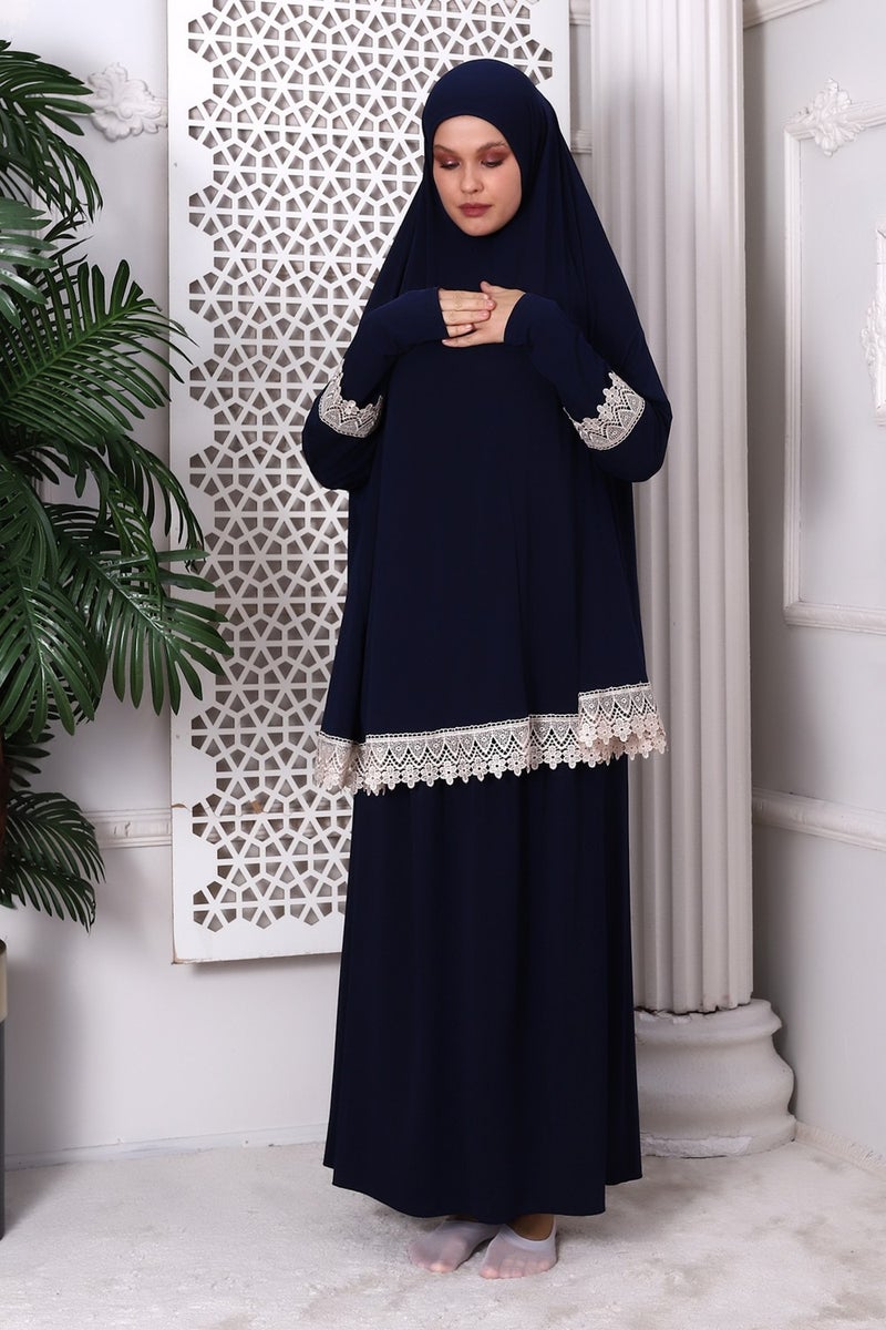 İhvan Online Ihvan Online Two Piece Practical Top and Bottom Prayer Dress with Scallop Trim 8018 Navy Blue - Image 4