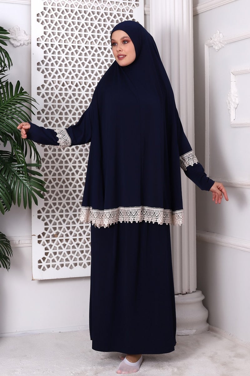 İhvan Online Ihvan Online Two Piece Practical Top and Bottom Prayer Dress with Scallop Trim 8018 Navy Blue - Image 3
