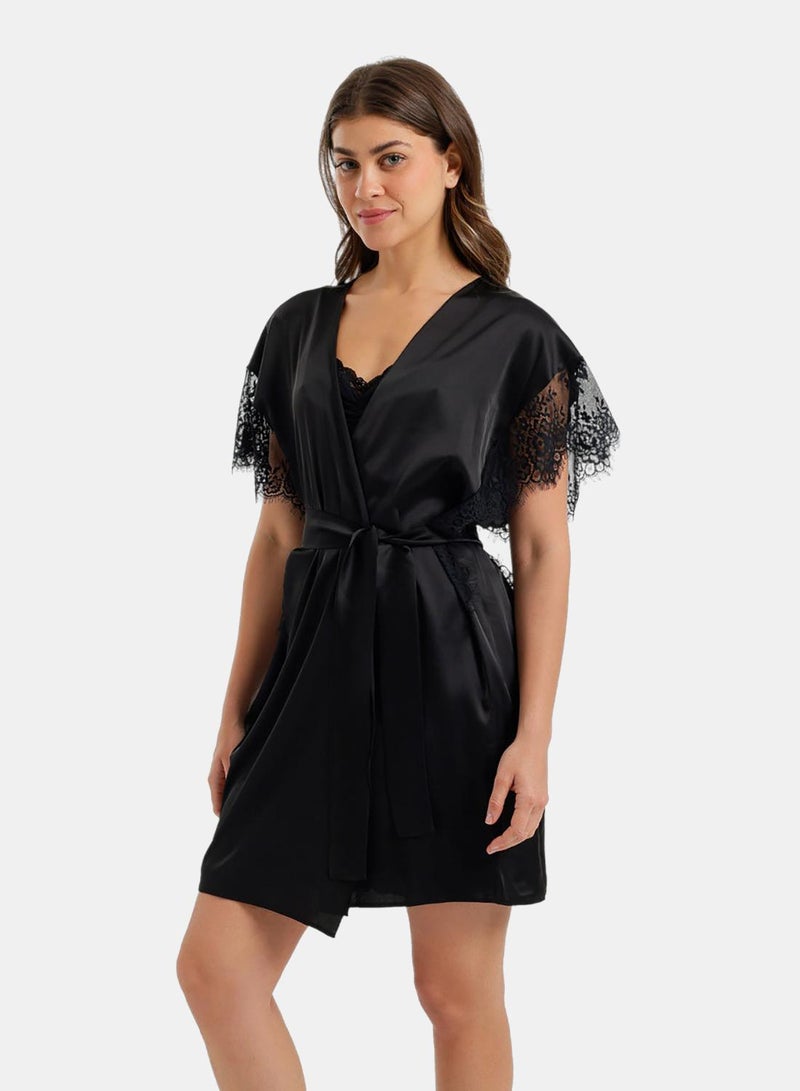 Carina Lace-Sleeve Satin Robe - Image 2