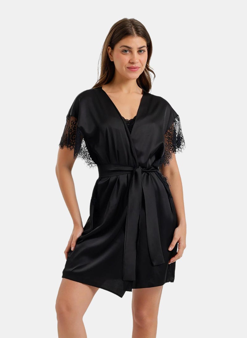 Carina Lace-Sleeve Satin Robe - Image 1
