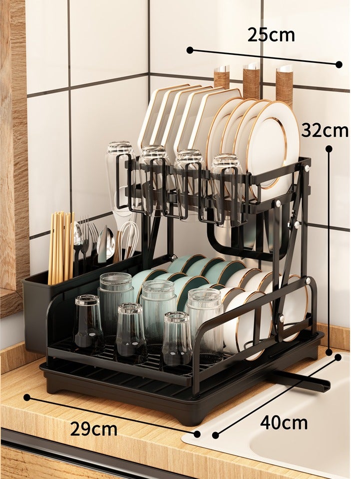 2 layer dish drying rack, Kitchen Storage rack, multi functional rust proof foldable dish rack, tableware storage rack that can store dishes, knives, chopsticks and spoons, with drain tray, Black  - Image 1