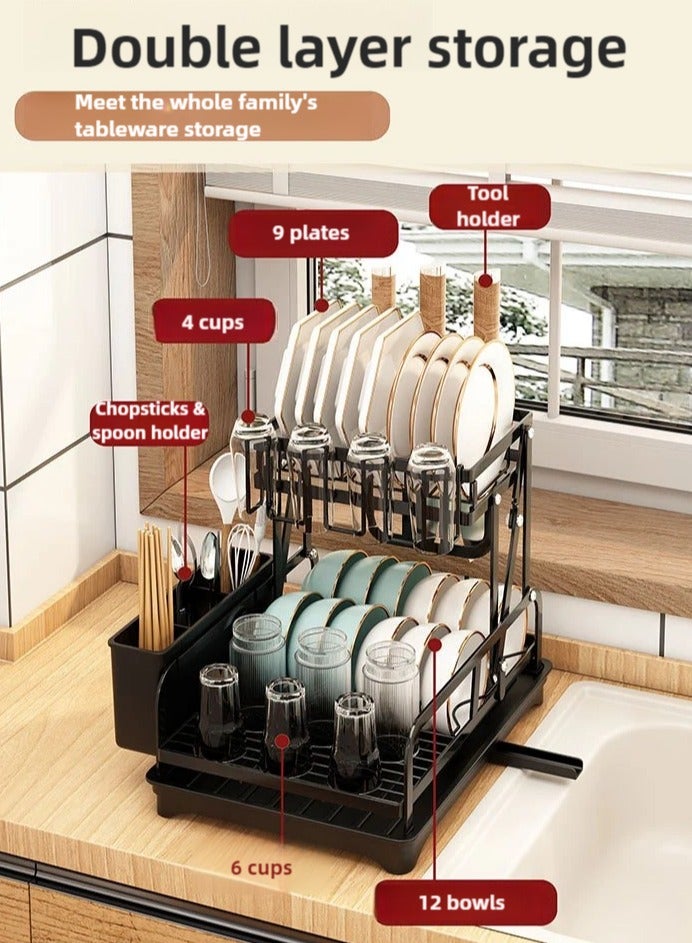 2 layer dish drying rack, Kitchen Storage rack, multi functional rust proof foldable dish rack, tableware storage rack that can store dishes, knives, chopsticks and spoons, with drain tray, Black  - Image 2