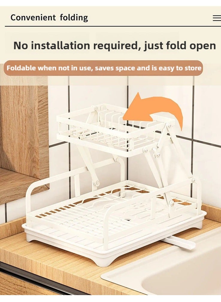 2 layer dish drying rack, Kitchen Storage rack, multi functional rust proof foldable dish rack, tableware storage rack that can store dishes, knives, chopsticks and spoons, with drain tray, Black  - Image 3