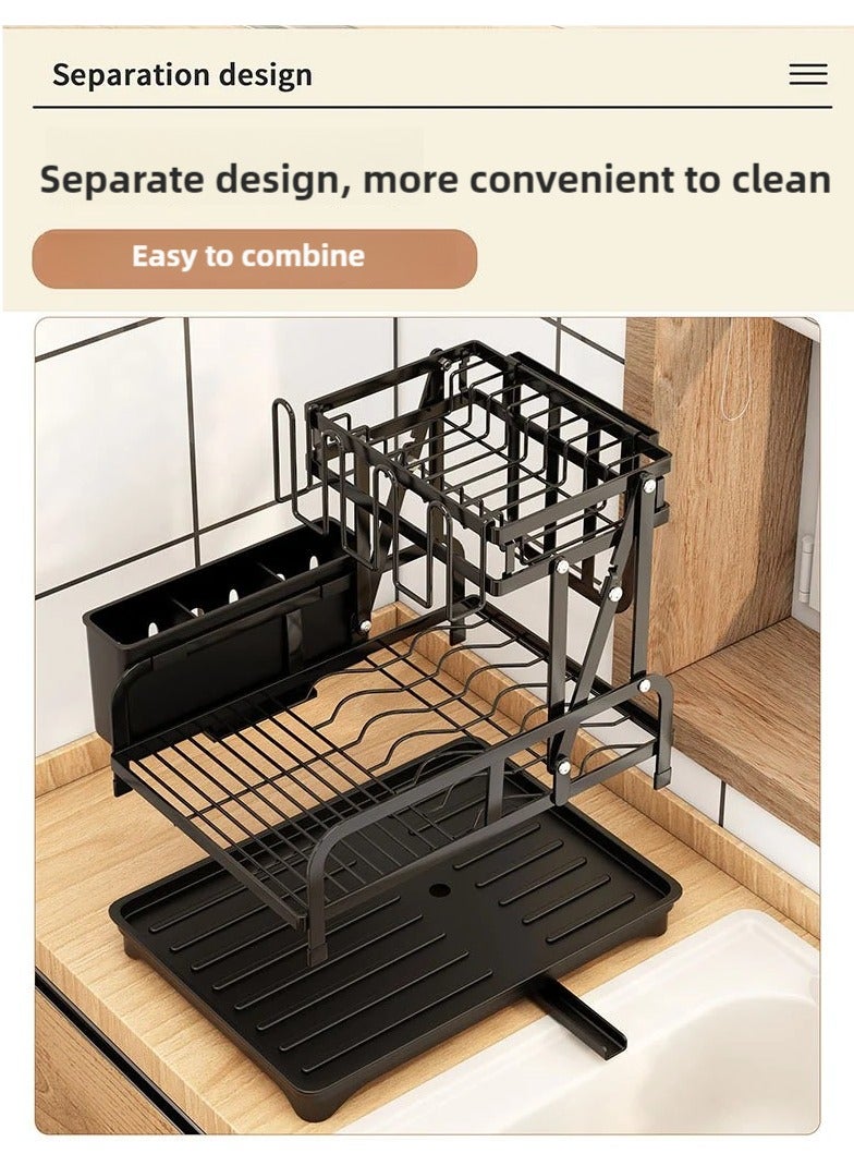 2 layer dish drying rack, Kitchen Storage rack, multi functional rust proof foldable dish rack, tableware storage rack that can store dishes, knives, chopsticks and spoons, with drain tray, Black  - Image 4