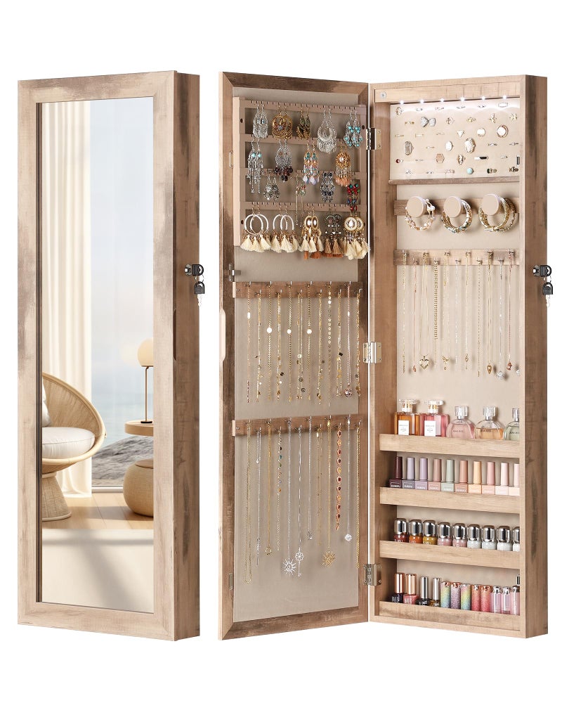 Nicetree 6 LEDs Mirror Jewelry Cabinet, Large Capacity Lockable Jewelry Armoire Organizer, Door or Wall Mounted Mirror with Jewelry Storage, Oak - Image 1