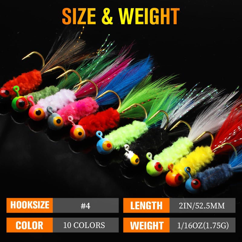 Dovesun Crappie Jigs with Feather Marabou 40pcs Ice & Fly Fishing Lures 10 Colors 1/16oz Panfish Sunfish Walleye - Image 4