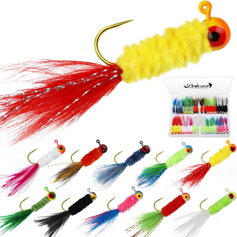 Dovesun Crappie Jigs with Feather Marabou 40pcs Ice & Fly Fishing Lures 10 Colors 1/16oz Panfish Sunfish Walleye - Image 1